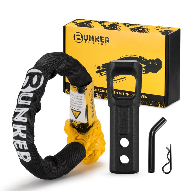 BUNKER INDUST Soft Shackle Hitch Mount Kit 2 Inch Aluminum Hitch Receiver with Locking Pin  33000lbs Synthetic Soft Shackle Rope Towing Recovery for Offroad 4x4 Vehicles Truck SUV ATV UTV